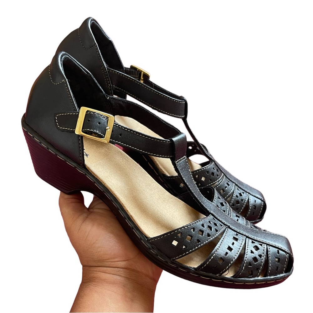 Clarks Black Sandals with Gold Buckle